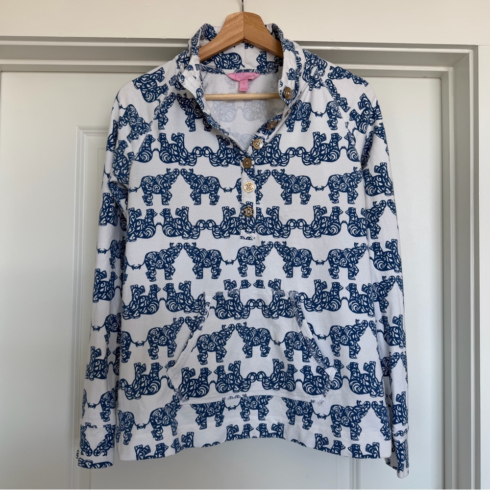 Lilly Pulitzer Captain Popover Sweatshirt Pack Your Trunk Blue Elephant Print S - Picture 2 of 10